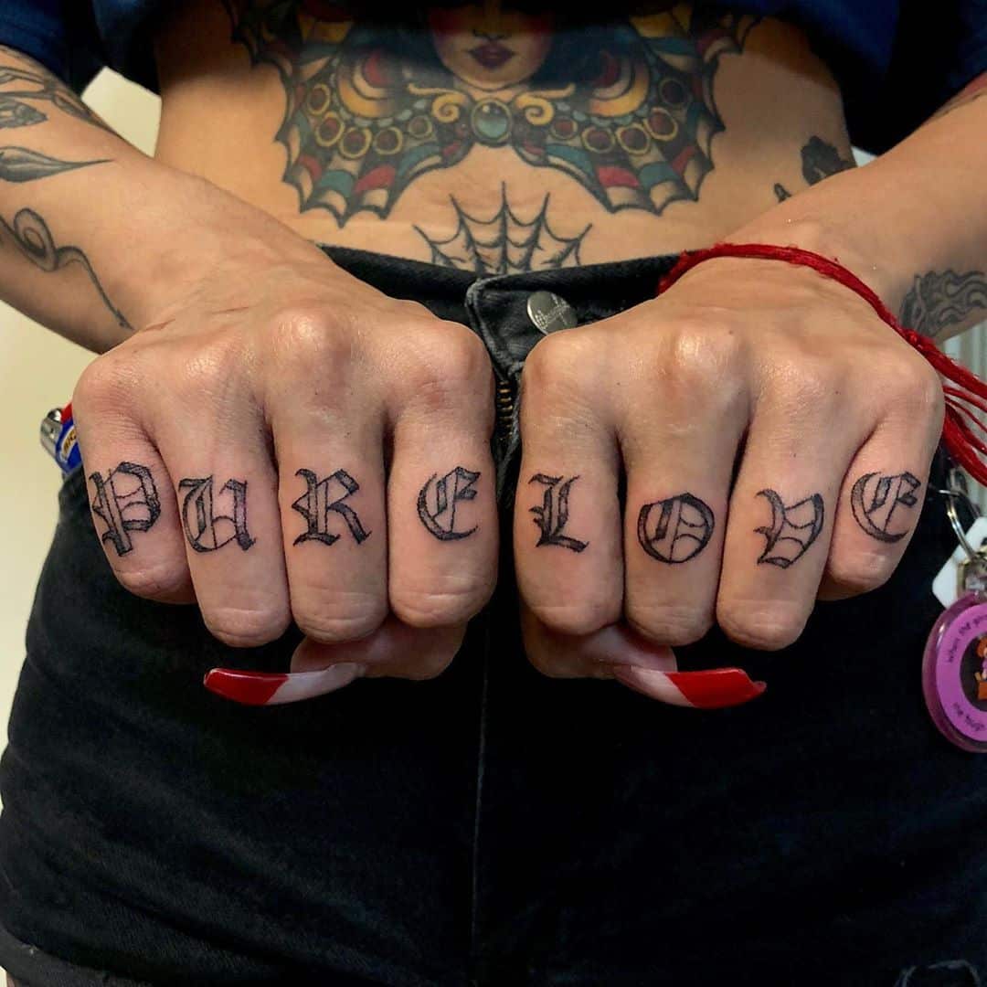âPURE LOVEâ? old english #handpoke #tattoo