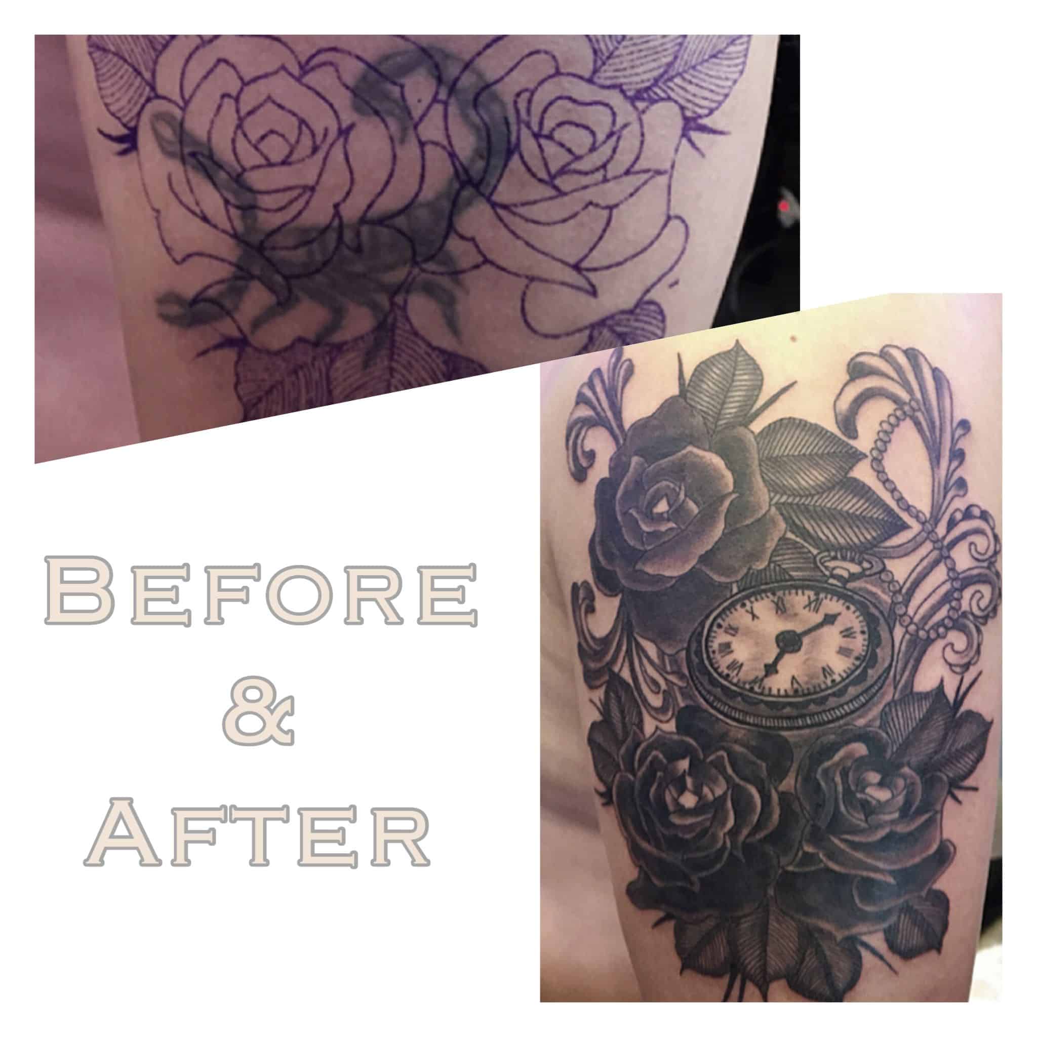 Cover up black roses and pocket watch tattoo by Jenny Forth, Miami ...