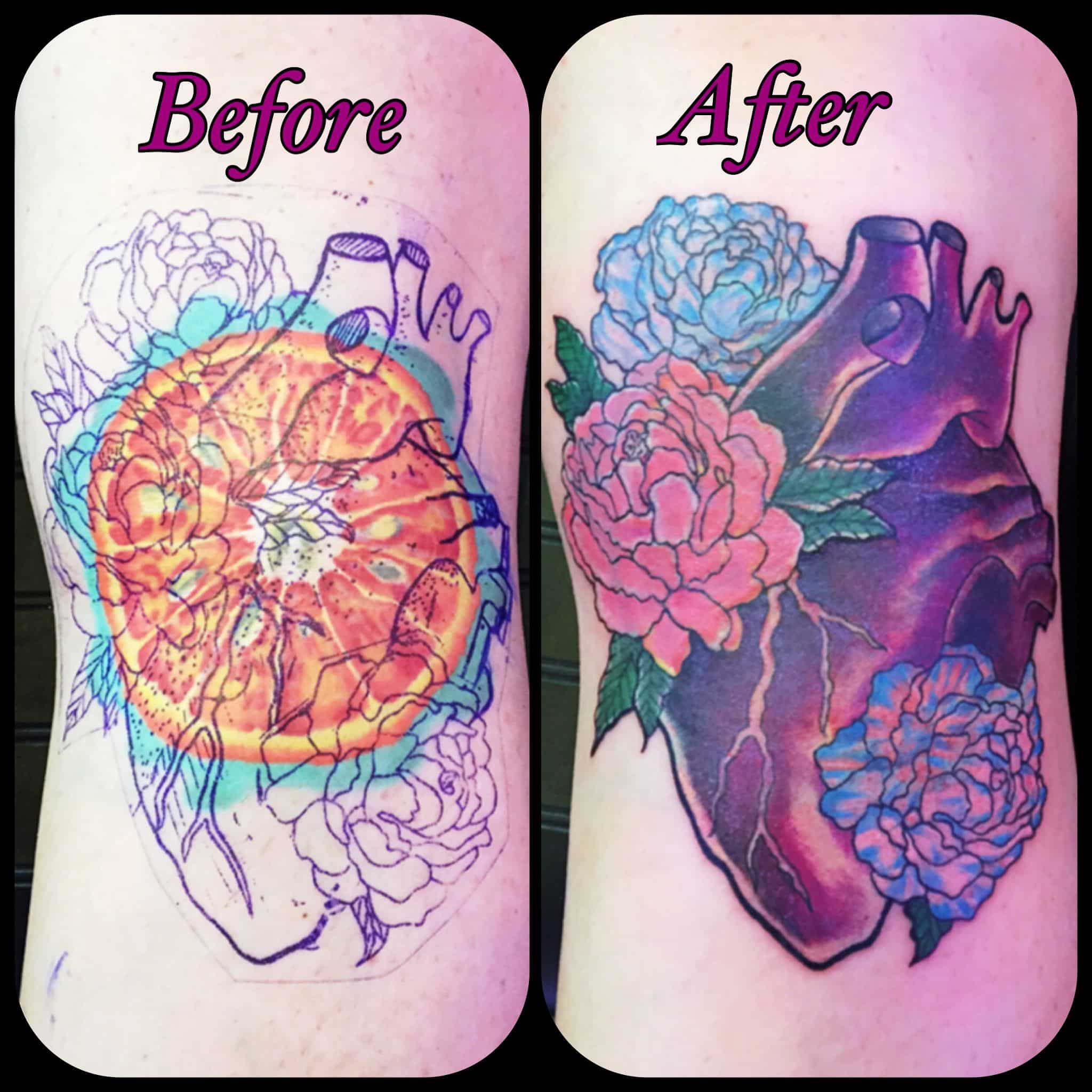 Cover up tattoo, human heart with flowers in color, by Jenny Forth, Miami