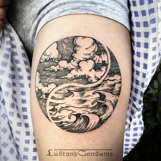 Linework Ocean and Sky Arm Tattoo