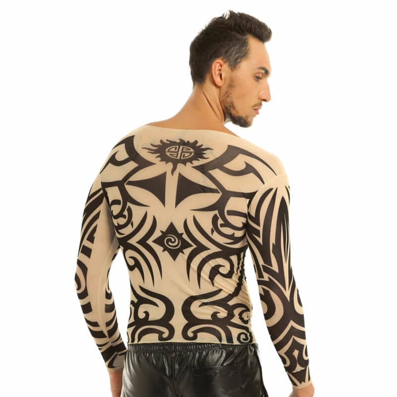Mens Fake Tattoo Elastic Long Sleeve Sheer T
