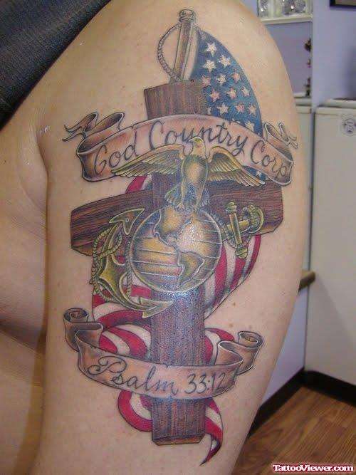 US Marine Corps Army Tattoo On Left Half Sleeve